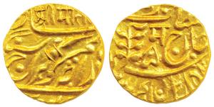 Sumer Singh, Gold ½ Mohur, 5.49, in the name of George V, dargoa mark Ma in Nagari on obv.
