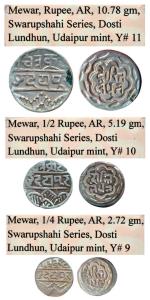 Dosti Landhan Issues, set of 3, Silver Rupee, ½ , and 1/4, Udaipur Mint, no date, issue of