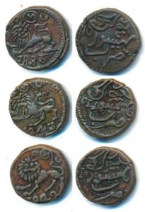 Krishna Raja Wodeyar, Copper 10 Cash (3), 1835, 1843 and 1849 (KM 192.2). Very Fine+ to Ex