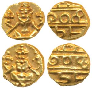 Krishna Raja Wodeyar, Gold Fanam (2), obv. seated Narasimha, rev. Kanarese legend Kauthira