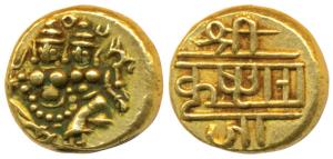 Krishna Raja Wodeyar, Gold Pagoda, 3.42g, Shiva and Parvati on obv., rulers name in Nagari