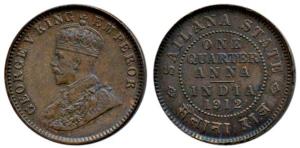 Jaswant Singh (1890-1918 AD), George V, Copper ¼ Anna, 1912. About Uncirculated, Scarce.