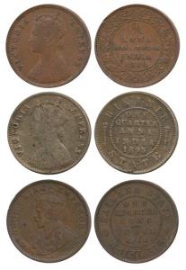 Copper ¼ Anna (3), Dewas Senior Branch, 1888 AD; Bikaner, 1895 AD; Sailana, 1912, with the