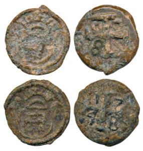 Diu, John V, 5 Bazarucos, 1748; Maria I, Lead or Tin 5 Bazarucos, 1800, both with crowned 