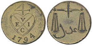 Gold Gilt 2 Pice / 8 Reas, 13.30g, 1794, bale mark with date below on obv., Scales on rev.