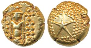 Star Gold Pagoda, 3.4g, single Swami standing facing front on obv, star on a granulated ba