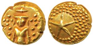 Star Gold Pagoda, 3.4g, single Swami standing facing front on obv., star on a granulated b