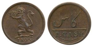 Copper Cash, 0.66g, 1803, Lion holding a crown to left on obv., Value in English and Persi