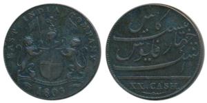 Copper 20 Cash, 12.24g, coat of arms of the EIC and date 1808 on obv., value in English on
