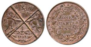 Copper ¼ Anna, 1858, defaced Die Trial by J Watt & Co., Birmingham, England. Pridmore stat