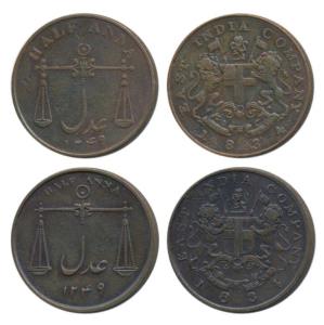 Copper ½ Anna (2), 12.92g, 1834, Coat of Arms on obv., Scales on rev. with date AH 1249 (P