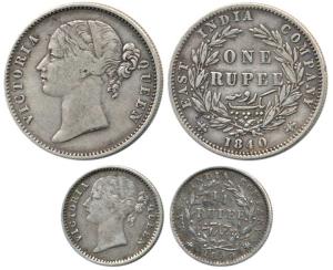 Victoria Queen, Silver Rupee and 1/4, 1840, divided legend. Very Fine. (2)
