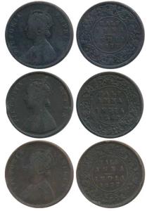 Victoria Empress, Copper ½ Anna (3), 1862, 1877 (2). Fine. (3)
