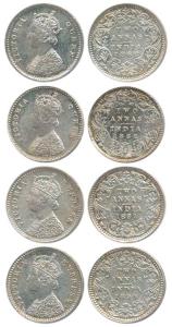 Victoria Queen and Empress, Silver 2 Annas (4), 1862 (2), 1890 and 1897, Bombay Mint, B / 