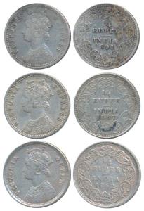 Victoria Queen and Empress, Silver ¼ Rupee (3), 1862, 1887, Bombay Mint, C / II / ’B’ rais