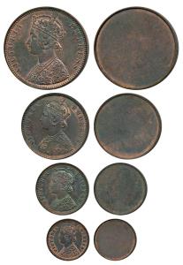Victoria Empress, Original Copper Uniface of all obverses, set of 4, ½ Anna, ¼ Anna, ½ Pic