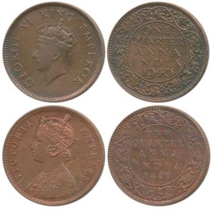 Victoria Empress and George VI, Copper ¼ Anna (2), 1889 and 1940 1st Head. Very Fine+ to E