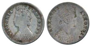 Victoria Empress, Silver 2 Annas, Error, Brockage, nice deep and complete Lakhi impression
