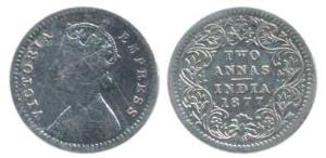 Victoria Empress, Silver 2 Annas, 1877, Bombay Mint, B / II / dot in top flower, Unlisted 