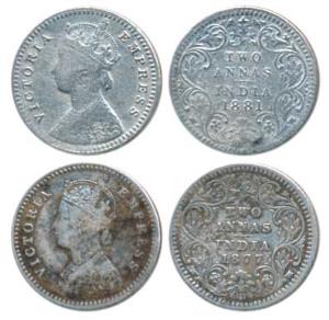 Victoria Empress, Silver 2 Annas (2), 1881, Bombay Mint, dot; 1877. Fine to Fine+. (2)