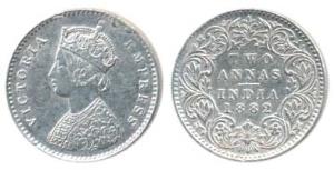 Victoria Empress, Silver 2 Annas, 1882, Bombay Mint, A / I / dot. Extremely Fine, Rare.