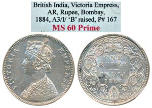 Victoria Queen, Silver Rupee, 1884, A3 / I / ’B’ raised. Graded by NGS MS60.