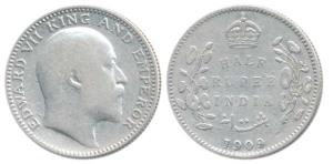 Edward VII, Silver ½ Rupee, 1909. Fine+.