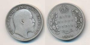 Edward VII, Silver ½ Rupee, 1909, Calcutta Mint. About Very Fine, Scarce.