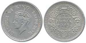 George VI, Half Silver Rupee, Lahore Mint, 1945, Large 5, L mint mark below on rev. Very F