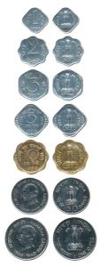 1969 incomplete set, Gandhiji Birth Centennial, 1, 2, 3, 5, 10 and 50 Paisa and Rupee. Pro