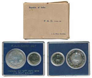 1970, Uncirculated Set, Food for All, Set of 2, 20 Paise and Rupees 10, Bombay Mint. Withi