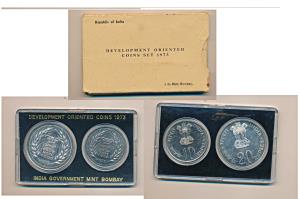 1973 Uncirculated Set, Grow More Food, set of 2, Rupees 10 and 20. The outer box slightly 