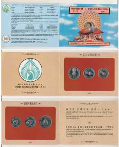 1991 Uncirculated Set, India Tourism Year, set of 3, Rupee 1 to 5. In immaculate condition