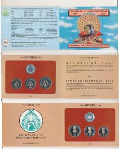 1991 Proof Set, India Tourism Year, set of 3, Rupee 1 to 5. In immaculate condition, withi