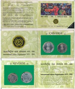 1994 Uncirculated Set, World of Work, set of 2, Rupees 50 and 100. In immaculate condition