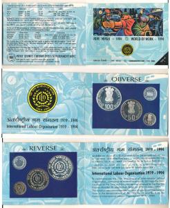 1994 Proof Set, World of work, set of 3, Rupees 5 to 100. In immaculate condition, within 