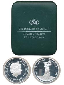 Australia, Sir Donald Bradman, Silver $5, 36.3g, 2001 (KM 761). Proof, in original box of 