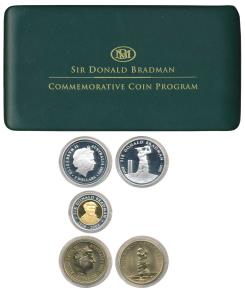 Australia, Sir Donald Bradman, set of 3 Proof, Silver $5, 31.1g; Bi-metal Gold and Silver 