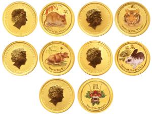 Australia, Gold $5 (5), 1/20 Ounce, 1.55g each, total 7.75g, Lunar Seires, each coin with 
