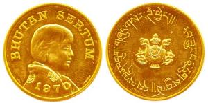 Bhutan, Jigme Dorji Wangchuck, Gold Sertum, 8g, 1970 (KM 36). Uncirculated.