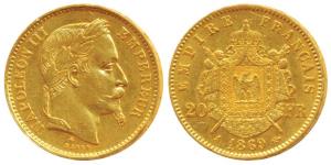 France, Napoleon III, Gold 20 Francs, 6.5g, laureate head, Paris Mint, 1869 A (KM 801.1). 