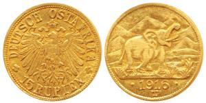 German East Africa, Wilhelm II, Gold 15 Rupien (Rupees), obv. a trumpeting elephant with M