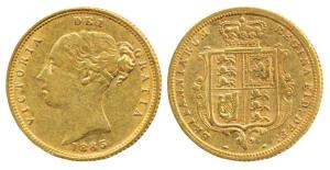 Great Britain, Victoria Queen, Gold ½ Sovereign, 4g, Young head, Shield on rev. 1885. Very