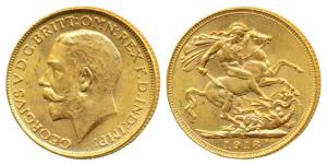 Great Britain, George V, Gold Sovereign, 8g, Bombay Mint, 1918, ’I’ for India mint mark on