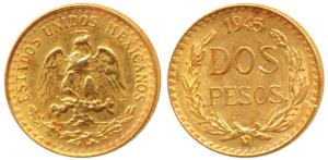 Mexico, Gold Dos or 2 Pesos, 1.69g, 1945, eagle holding a snake in its beak (KM 461). Unci