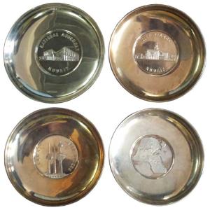 Silver Coasters (4), each with a Medallion in centre, Water Towers Kuwait; Sief Palace Kuw