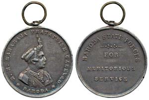 Baroda, Meritorious Service Medal (Military), Silver, 38mm, obv. bust of Pratap Singh Gaik