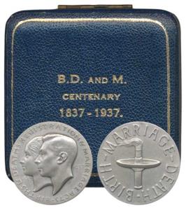 Great Britain, Births & Deaths Registration & Marriage Acts, Silver Medal, obv. conjoined 