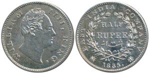 William IV, Silver Proof Restrike ½ Rupee, 1835, Calcutta Mint, F Raised on truncation, 19