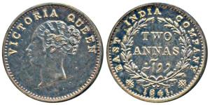 Victoria Queen, Silver Proof Restrike 2 Annas, Continuous Legend, 1840, Bombay Mint, Engli